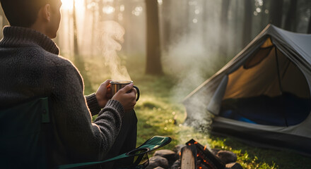Man enjoying a hot drink by a campfire next to a tent in a misty forest at sunrise