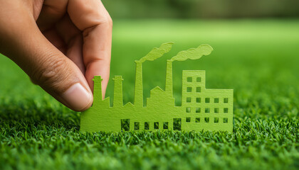 
Eco-friendly grass-based factory model demonstrating green industry, sustainability, and environmental responsibility