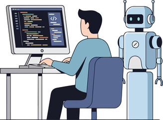 A programmer is working on a computer with a robot standing next to him, they are a team of innovation and technology