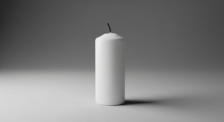 Unlit white pillar candle standing vertically on a minimalist gray surface.
A perfectly centered, medium-angle studio shot of a tall, cylindrical, unlit white wax pillar candle