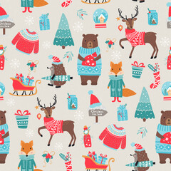 Christmas cute animals seamless winter pattern