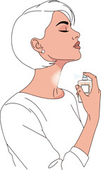 Elegant woman applying perfume, capturing the essence of beauty and sophistication in a minimalist illustration style
