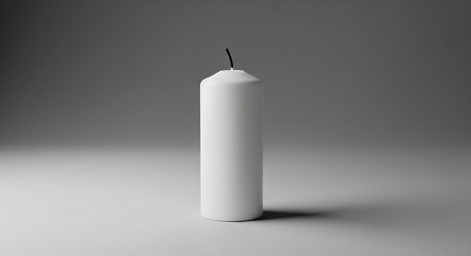 Unlit white pillar candle standing vertically on a minimalist gray surface.
A perfectly centered, medium-angle studio shot of a tall, cylindrical, unlit white wax pillar candle
