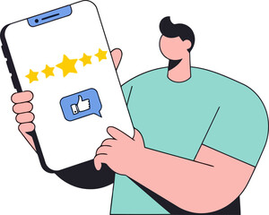 A person holding a phone with a rating and review icon, customer feedback is important for business growth