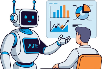 A robot presenting data to a person, artificial intelligence is changing the way we analyze information