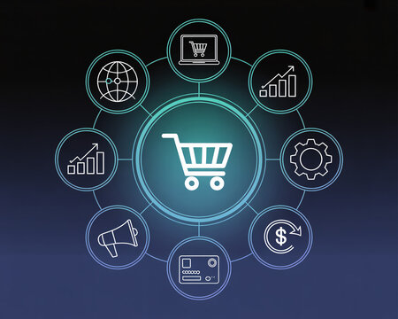 Online shopping ecosystem with e-commerce icons representing global business, finance, and marketing success