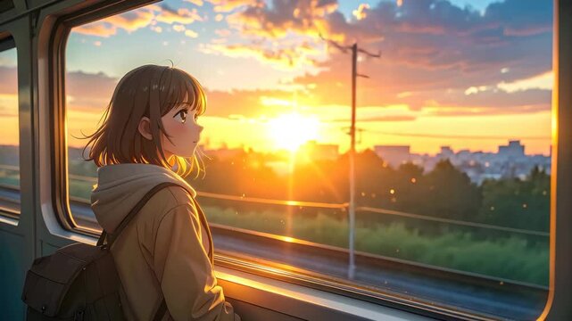 Anime Girl Standing by a Train Window Watching the Sunrise, Warm Golden Light Flooding the Carriage