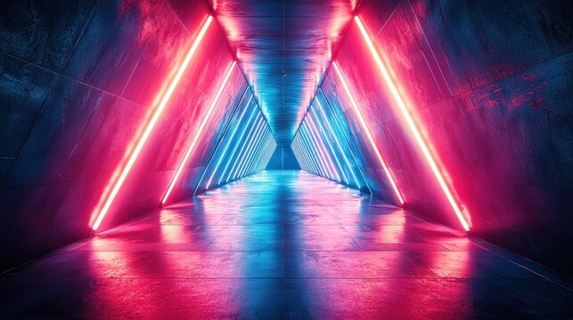 Neon illuminated futuristic triangular corridor