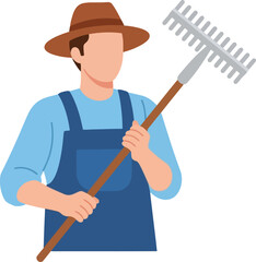 A farmer in overalls and a hat is holding a rake, ready to work in the field, with a determined look on his face