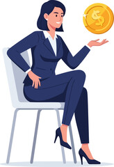 A businesswoman is sitting on a chair, holding a coin, and thinking about investment and financial growth