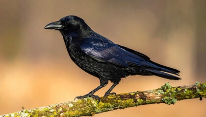 Obraz premium Detailed Portrait of a Black Plumage Raven Perched on Mossy Branch Against Blurred Brown and Beige Background in Natural Daylight