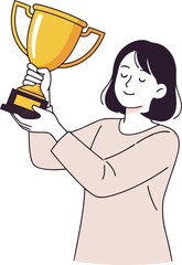 A young woman is holding a golden trophy cup with pride, celebrating her achievement and success