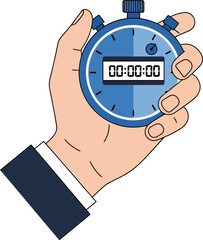 Hand holding stopwatch time management, deadline concept timer, chronometer, countdown, vector illustration