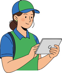 A woman is using a tablet she is wearing a cap and a vest, and she is looking at the tablet screen