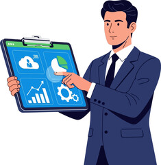 A businessman is presenting a clipboard with charts and graphs he is wearing a suit and tie