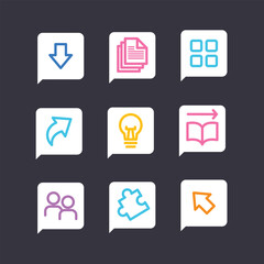 Vibrant collection of essential outline web and app user interface icons in speech bubble shapes, representing common digital functions and concepts for modern technology