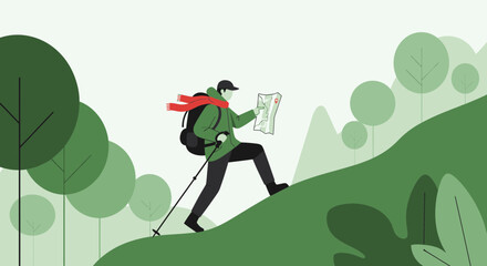 Adventurer Ascending A Hillside, Consulting A Map During A Hiking Expedition