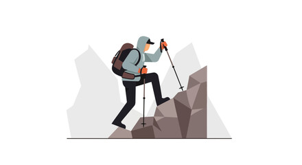 Adventurer Ascending A Rocky Terrain With Hiking Staffs And Rugged Mountain Background
