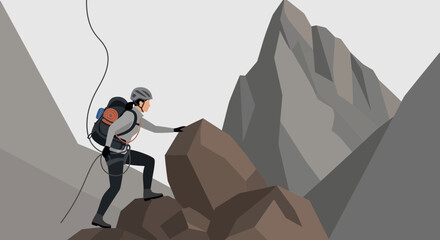 Adventurer Ascending A Rocky Slope Towards A Mountain Peak, Achieving A Great Goal