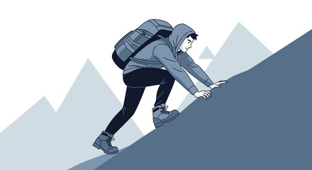Adventurer Ascending A Steep Mountain Slope With Determination And Resolve