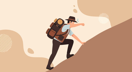 Adventurer Ascending A Steep Slope, Exhausted But Determined To Reach The Summit