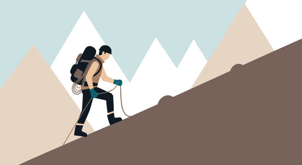 Adventurer Ascending A Steep Slope Towards Imposing Peaks in Vibrant Minimalism