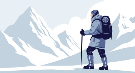 Adventurer Ascending Majestic Snow-Capped Mountain Range With Backpack and Trekking Poles