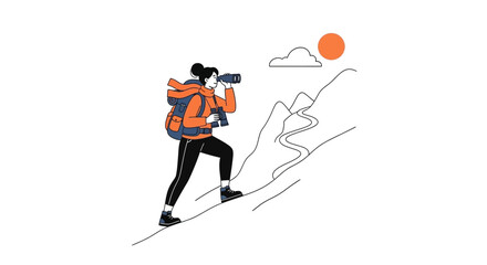 Adventurer Ascending Mountain Looking Through Binoculars Towards the Sun and the Cloudy Sky