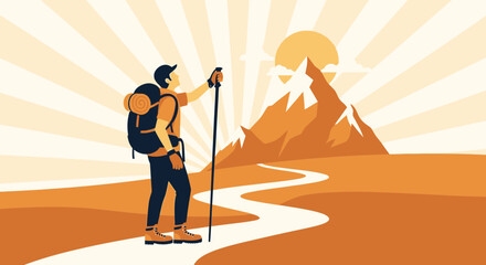 Adventurer Ascending Mountain Path Towards Sunlit Peak Exploration And Hiking Concept