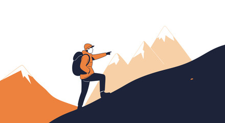 Adventurer Ascending Mountain Peak Pointing Towards Future Goals And New Opportunities