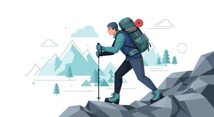 Adventurer Ascending Rocky Terrain towards Mountains Peaks with Backpack and Trekking Poles