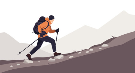 Adventurer Ascending Rocky Terrain towards Mountains Peaks with Trekking Poles