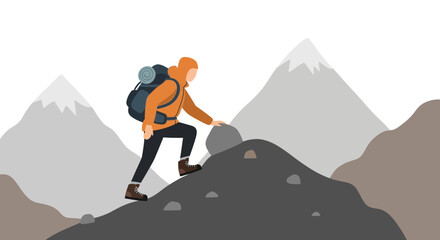Adventurer Ascending Rocky Terrain Towards Snowy Peaks, A Climb Full of Determination