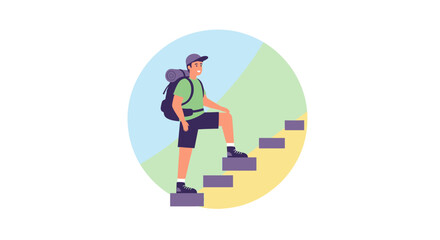 Adventurer Ascending Steps With Backpack, Achieving Goals and Experiencing Journeys