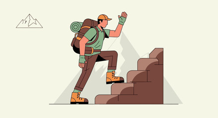 Adventurer Ascending Steps Towards Mountain Apex Achieving The Highest Goals Successfully