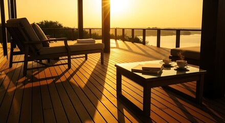 Serene sunset vista from a wooden deck with coffee and book setup
