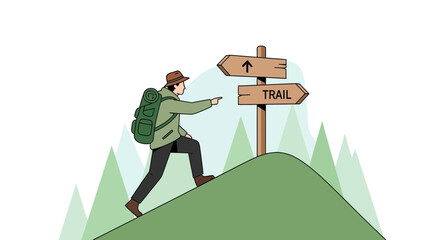 Adventurer Ascending Towards Scenic Trail, Following Directional Sign on Mountain