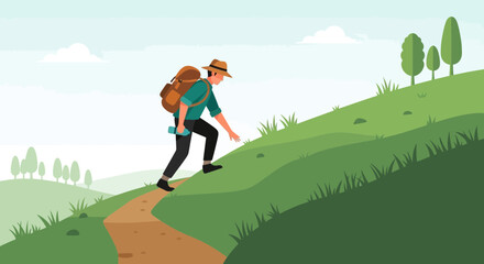 Adventurer Ascending The Hill Towards The Top Of The Landscape, Hiking And Traveling