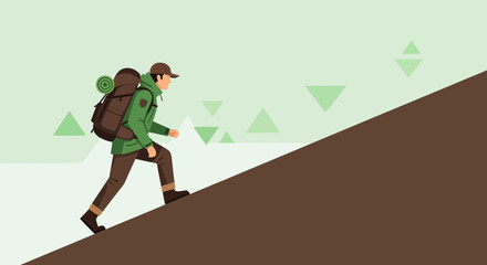 Adventurer Ascends A Steep Mountain Slope With Backpack, Reaching The Summit