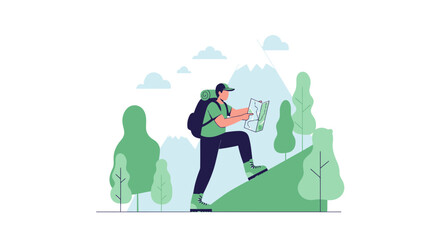Adventurer Ascends Hillside, Consulting Map Amidst Verdant Foliage Towards Mountains