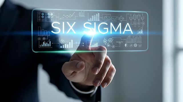 Six Sigma Concept Finger Pointing on Blue Transparent Screen with Graphs and Statistics in Dark Blue Suit on White Background