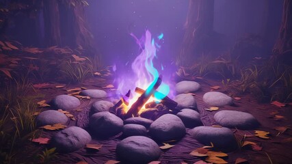 Mystical Campfire with Glowing Flames in a Forest Clearing Surrounded by Stones and Autumn Leaves at Twilight - Powered by Adobe