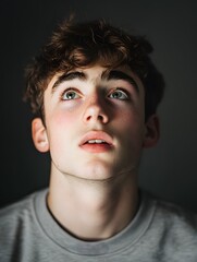 Contemplative young man with freckles gazing upwards against a dark background in thoughtful pose.