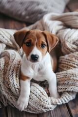 A puppy dog with brown and white fur sitting in a knitted blanket looking at the camera.