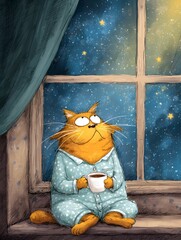 Cartoon cat in pajamas looks out at the night sky while holding a cup of hot beverage.