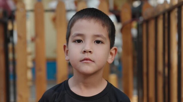 Close-up portrait of six year old young boy with calm expression standing outside in amusement part in soft natural light. Real lifestyle moment, shallow depth of field, autumn tones.