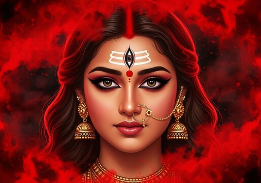 Portrait of a Beautiful Indian Goddess Adorned with Traditional Jewelry and Crimson Aura