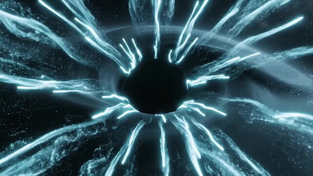 Futuristic abstract cosmic energy burst from a dark central singularity with glowing blue light tendrils expanding through a star-filled universe