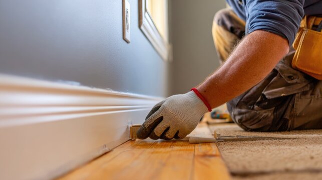 Home Repair Contractor Installing Baseboard Trim in Renovation Project