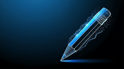 Blue Wireframe Pencil Creating a Trail of Glowing Blue Particles on a Dark Background drawing. Futuristic Digital Technology Background .Artificial Intelligence Data Flow Background.
